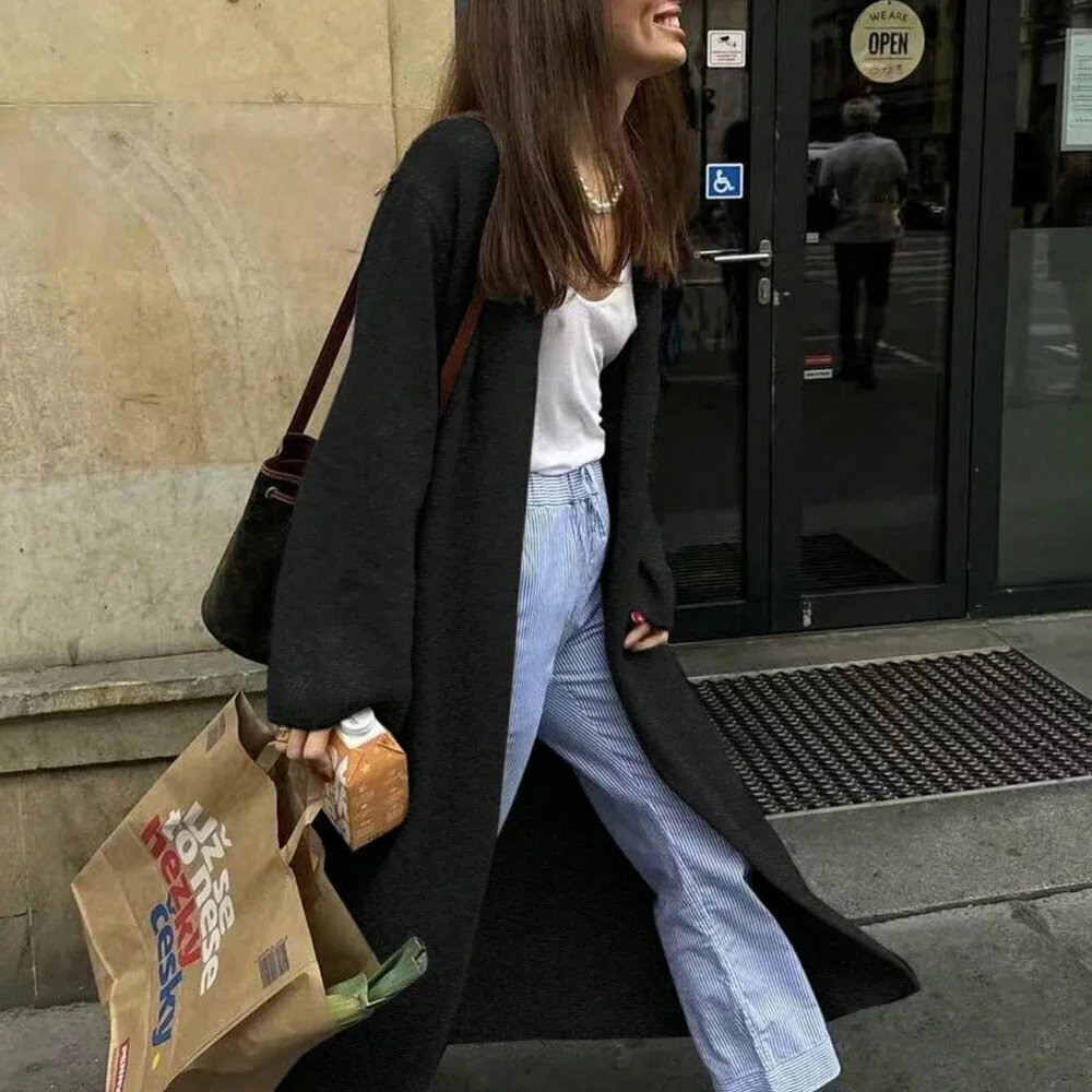Black Casual Women's V-Neck Buttonless Super Loose Long-Sleeved Knitted Cardigan